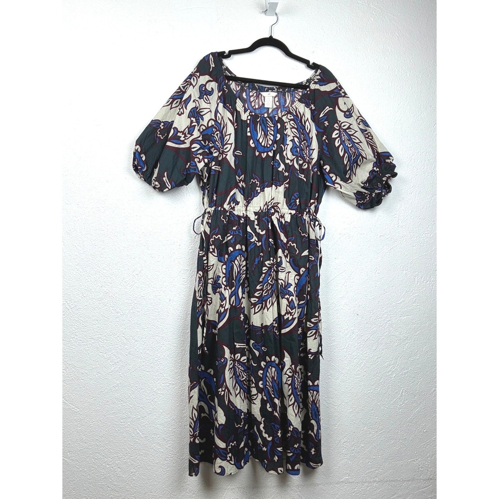 H&M Blue Paisley Cotton Puff Sleeve Midi Dress - XL - Boho Cottagecore Summer